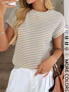 Women's Striped Waffle Knit T-Shirt, Crew Neck, Drop Shoulder Short Sleeve, Soft Stretch Fabric, Casual Daily & Vacation Wear, Basic Minimalist Style