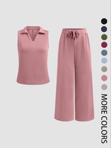 Women's Solid Color Tank Top & Wide Leg Pants Two-piece Set, Casual Sleeveless Top & Drawstring Waist Pants for Daily Wear, Ladies Two-piece Outfits for All Seasons, Casual Lounge Set