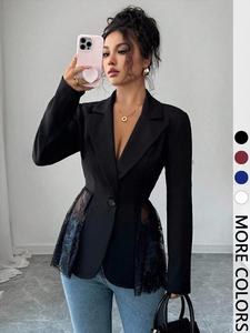 Women's Lace Patchwork Slim Fit Long Sleeve Blazer Jacket, Elegant High Waist Design, Perfect for Commuting, Dating, Parties