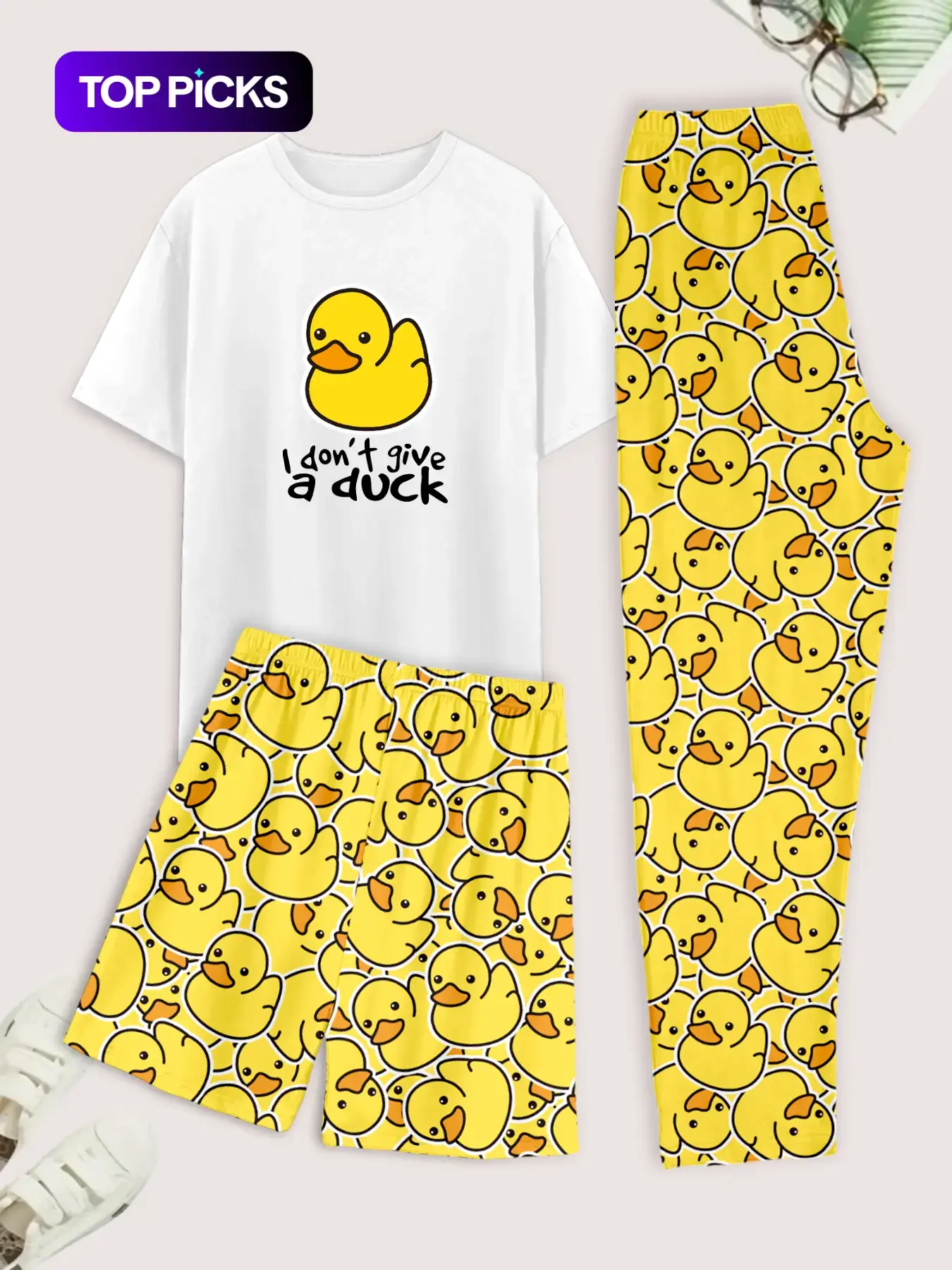 Men's Cartoon Duck Print Tee & Elastic Waist Pants & Shorts Loungewear ...