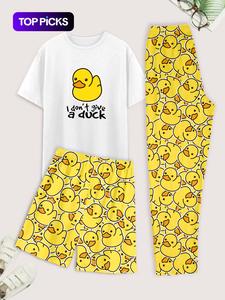 Men's Cartoon Duck Print Tee & Elastic Waist Pants & Shorts Loungewear Set, Regular Fit Casual Comfy Round Neck Short Sleeve T-shirt & Trousers & Shorts PJ Set, Men's Sleepwear for Summer