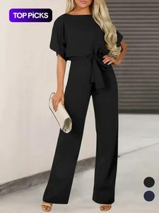 Women's Plain Cut Out Tie Front Batwing Sleeve Jumpsuit, Casual Simple Short Sleeve Straight Leg Jumpsuit for Summer, Fashion Women's Jumpsuit for Daily Wear, Summer Clothes, Back To School Outfits