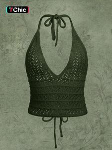 Women's Plain Lace Up Halter Neck Knit Top, Casual Hollow Out Tie Back Top for Summer, Fashion Women's Knitwear for Daily Wear, Women's Summer Clothes