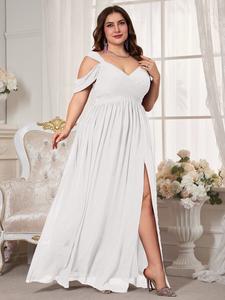 Elegant Chic V Neck Backless Ruched Waist Chiffon Dress, High Slit Bridesmaid Gown, Pure Color Flowy A-Line, Perfect for Weddings
