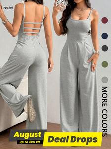 Women's Solid Backless Plicated Cami Jumpsuit, Basic Casual Vibe Sleeveless Spaghetti Strap Square Neck Wide Leg Jumpsuit for Summer, Women's Jumpsuit for Daily Wear, Minimalist Fitted Jumpsuit, Open Back Jumpsuit, Breathable Jumpsuit