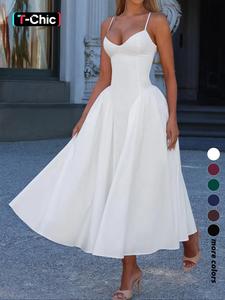 Women's Elegant Backless Spaghetti Strap Dress, Summer Woven Fabric, Thin Fitted Design, Plain Color, Perfect for Casual Wear