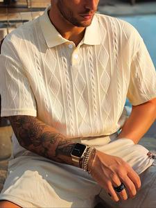 Men's Solid Color Jacquard Knitted Button Front Half Placket Polo Shirt, Loose Casual Comfy Short Sleeve Collared Top for Summer, Fashion Men's Clothes for Daily Wear