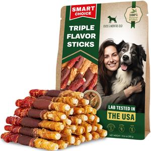 Dog Treats Rawhide Triple Flavor Twists Sticks with Duck & Chicken 300g