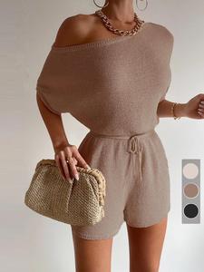 Women's Solid Drawstring Waist Romper, Loose Basic Casual Minimalist Batwing Sleeve Round Neck Romper for Summer, Fashion Women's Clothes for Daily Wear, Baggy Womenswear