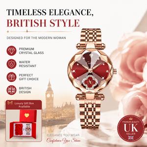 Premium Rose Gold Ladies Watch with Faceted Crystal Glass | Lucky Four Leaf Clover Design & Burgundy Red Dial | Elegant Luxury Jewelry Bracelet Style | Perfect Birthday Anniversary Gift for Her Mum Wife Girlfriend | Quartz | FREE UK Delivery