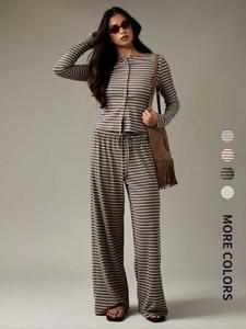 Women's 2-Piece Wide Leg Pants and Long Sleeve Striped Set, Casual Spring & Fall Knit Cardigan, Perfect for Comfort and Fashion