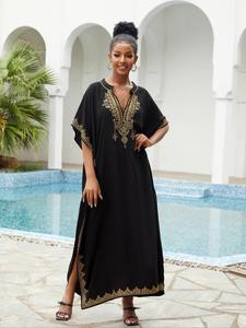 Plus Size Ethnic Pattern Split Hem Arabian Dress, Summer Outfits 2024, Elegant Batwing Sleeve Notched Neck Long Dress, Women's Islamic Clothing
