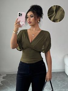 Women's V Neck Ruched Slim Fit Solid Color Blouse, Summer Short Sleeve Fitted Top, Casual Fashion Shirt for Women