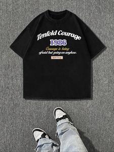 Men's Letter & Figure Print Round Neck Tee, Loose Casual Short Sleeve Crew Neck T-shirt for Summer, Fashion Men's Top for Daily Wear, Tropical