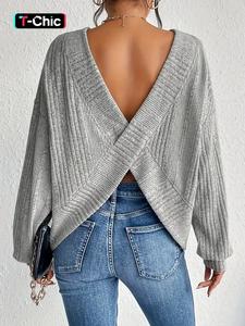 Women's Plain Criss Cross Bishop Sleeve Sweater, Casual Long Sleeve Round Neck Jumper for Spring & Fall, Women's Knitwear for Daily Wear