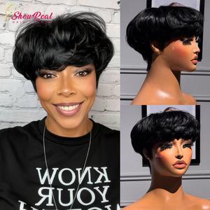 ShowReal Pixie Cut Human Hair 0501 Short Straight Wig Human Hair thicken with Bangs Natural Black Glueless Wig for Women Everyday Wear