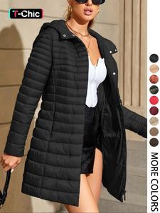 Women's Solid Button Front Pocket Zip Up Hooded Winter Coat, Casual Long Sleeve Thermal Outerwear for Fall & Winter, Women's Clothing for Daily Wear