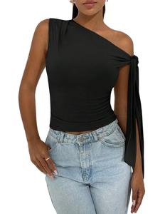 Women's Plain Asymmetrical Neck Tee, Elegant Casual Shoulder Tie Side Top for Daily Outdoor Dating Club Wear, Ladies Clothes for Summer