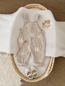 Cute Floral Embroidered Corduroy Baby Pants, Soft Loose-Fitting Infant Bib Pants, Spring & Fall Casual Style, Above the Ankle Length, Infant Toddler Clothes
