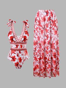 Women's All Over Floral Print Tie Shoulder Backless One-Piece Swimsuit & Layered Ruffle Hem Cover Up Skirt Set, Casual Fashion Chic Swimwear Set for Beach Holiday Vacation, Ladies Swimsuit for All Seasons
