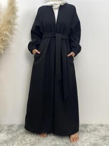 Women's Solid Long Sleeve Belted Abaya, Modest Fashion Elegant Bishop Sleeve Tie Front Outerwear, Abayas, Asian Suits Eid, Abaya for Women, Islamic Muslim Prayer Clothing, Modest Clothes