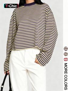 Women's Minimalist Striped Casual Long Sleeve Sweatshirt Top, Loose-Fit Kint Fabric, All Seasons Wear, Moderate Thickness
