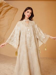 Women's Contrast Sequin Embroidered Notched Neck Dress, Modest Long Sleeve A Line Dress for Party Wedding Guest, Ladies Islamic Clothing for All Seasons