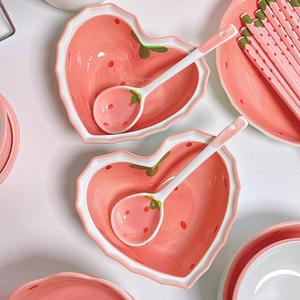 Heart-shaped Ceramic Bowl with Spoon, Creative Strawberry Pattern Bowl & Spoon, Durable Tableware for Kitchen, Household Dining Plate Set, Ceramic Dish Set
