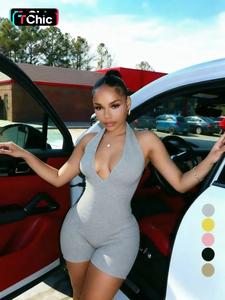 Women's Solid Color Hanging Neck Bodycon Romper, Casual Fashion Ribbed Sleeveless Romper for Daily Outdoor Wear, Women Clothing for Summer, Overalls, Womenswear
