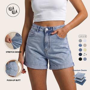 RELA RELA Women's Stretchy High Waisted Turn Up Denim Shorts UK 6-16 Womens Everyday Casual Fit Denim Bottoms