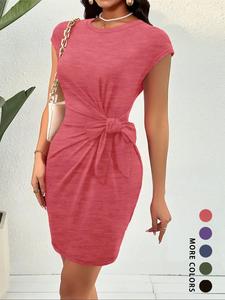 Women's Solid Knot Side Dress, Casual Short Sleeve  Dress for Daily Wear, Ladies Clothes for Summer, Front Knot Dress