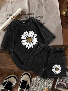 Two-Piece Set Women's Floral Print Tee & Shorts, Casual Short Sleeve T-shirt & Shorts for Summer, Ladies Clothes for Daily Wear, Suits