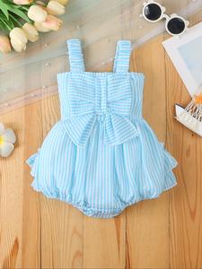 Baby Girl's Striped Print Bow Decor Bodysuit, Cute Sleeveless Bodysuit for Baby Girls, Newborn Infant Kids Summer Clothes