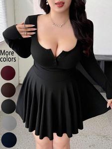 【Plus Size】1 Piece Women's Deep V-Neck Button-Detail Long Sleeve Fit & Flare Mini Dress, TikTok Viral "Quiet Luxury" & "Y2K Soft Sexy" Style, Buttery Soft Stretchy Fabric & Cinched Waist Design, Perfect for Date Nights, Casual Outings & TikTok OOTD Looks