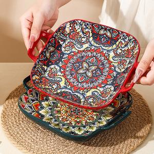 Bohemian Style Ceramic Square Plate Set, 4-Piece Dinnerware, Oven and Microwave Safe, Fruit Noodle Salad Plates, Creative Home Use