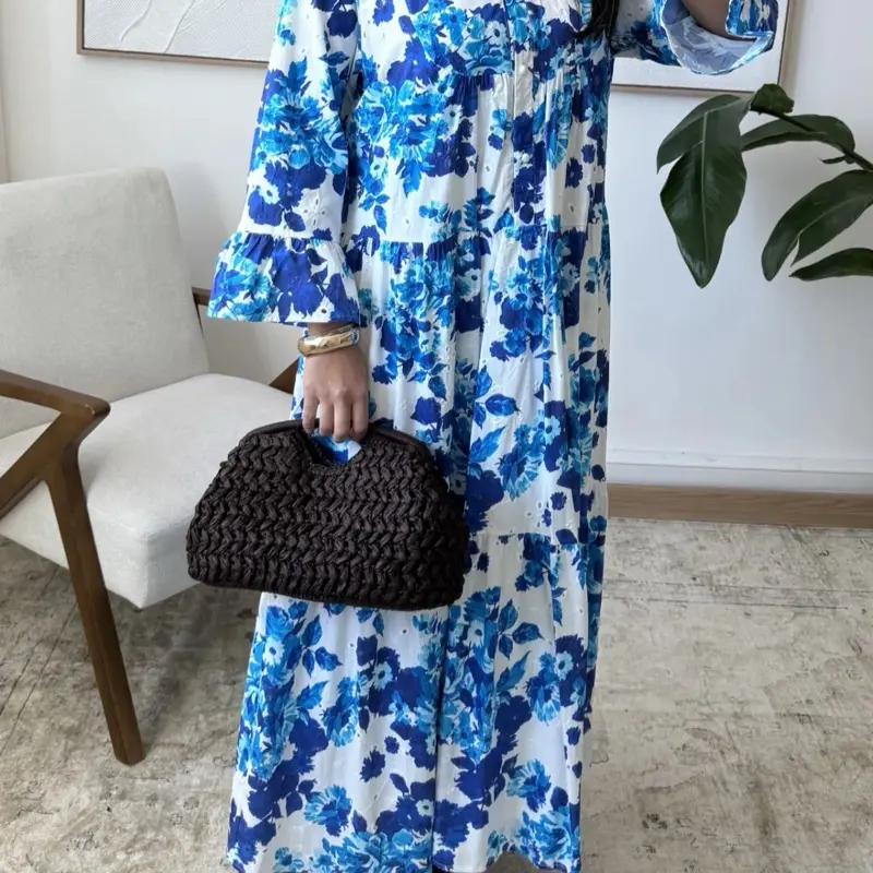 Women's Flower Print Maxi Dress for Casual Summer Comfort - Long Sleeve, Womenswear, Floral