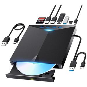 7 in 1 External CD/DVD Drive, USB 3.0 & Type C Portable CD/DVD Player Burner with 4 USB Ports, SD/TF Card Slots, Compatible with Laptop, Desktop, MAC, Window