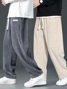 Men's Letter Patched Drawstring Waist Corduroy Pants, Casual Comfy Pocket Straight Leg Trousers for Fall & Winter, Men's Bottoms for Daily Wear