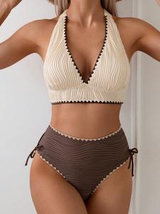 Strapless Bikini, Wave Pattern Swimsuit with Back Tie and High-Waisted Bottoms, Elegant Beachwear for All Seasons