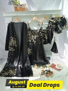 【Plus Size】Floral Print Five-piece Set, Draped Dress & Ruffle Shorts & Cami Top & Long Sleeve Belted Robe & Bag, Aesthetic Night Gown Women, Pyjamas for Women, Longsleeves Lounge Set for Women, Womenswear, Nightwear, Summer Night Gowns