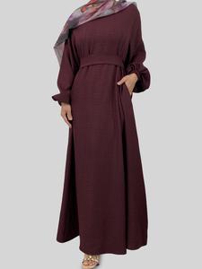 Women's Solid Color Tie Waist Abaya Dress, Modest Long Sleeve Round Neck Dress for Daily Wear, Modesty Ladies Islamic Clothing for All Seasons