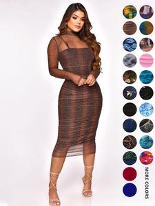 Women's All Over Print Ruched Sheer Bodycon Dress & Spaghetti Strap Cami Dress Set, Mock Neck Long Sleeve Midi Garments & Inner Dress, Ladies Spring & Fall Clothes, Party Dresses, Summer Dresses 2025