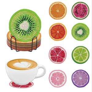 Fruit Pattern DIY Diamond Arts Colorful Painting Kit, 8 Counts/set DIY Diamond Arts Colorful Painting Coaster with Holder, DIY Decorative Craft for Home Office