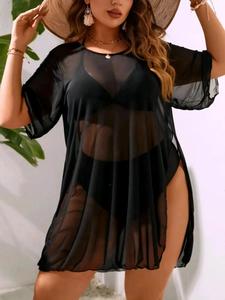 Plus Size Solid Split Side Sheer Tulle Cover Up, Casual Scoop Neck Half Sleeve Cover Up for Summer, Women's Swimwear for Beach Holiday Vacation