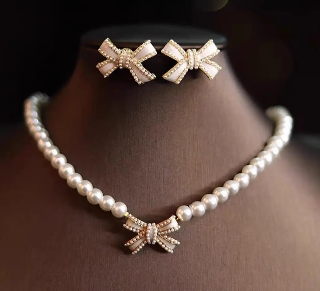 Pearl Bow Necklace & Earrings Set | Gold-Tone Crystal Accents | Elegant Gift-Ready Look | ClassiPicks Favourite