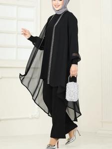 Arabian Casual Women's Three-Piece Set, Simple Loose Fit Top Long Pants Jacket, Plain Color, Modest Style, All Seasons, Indoors & Outdoors