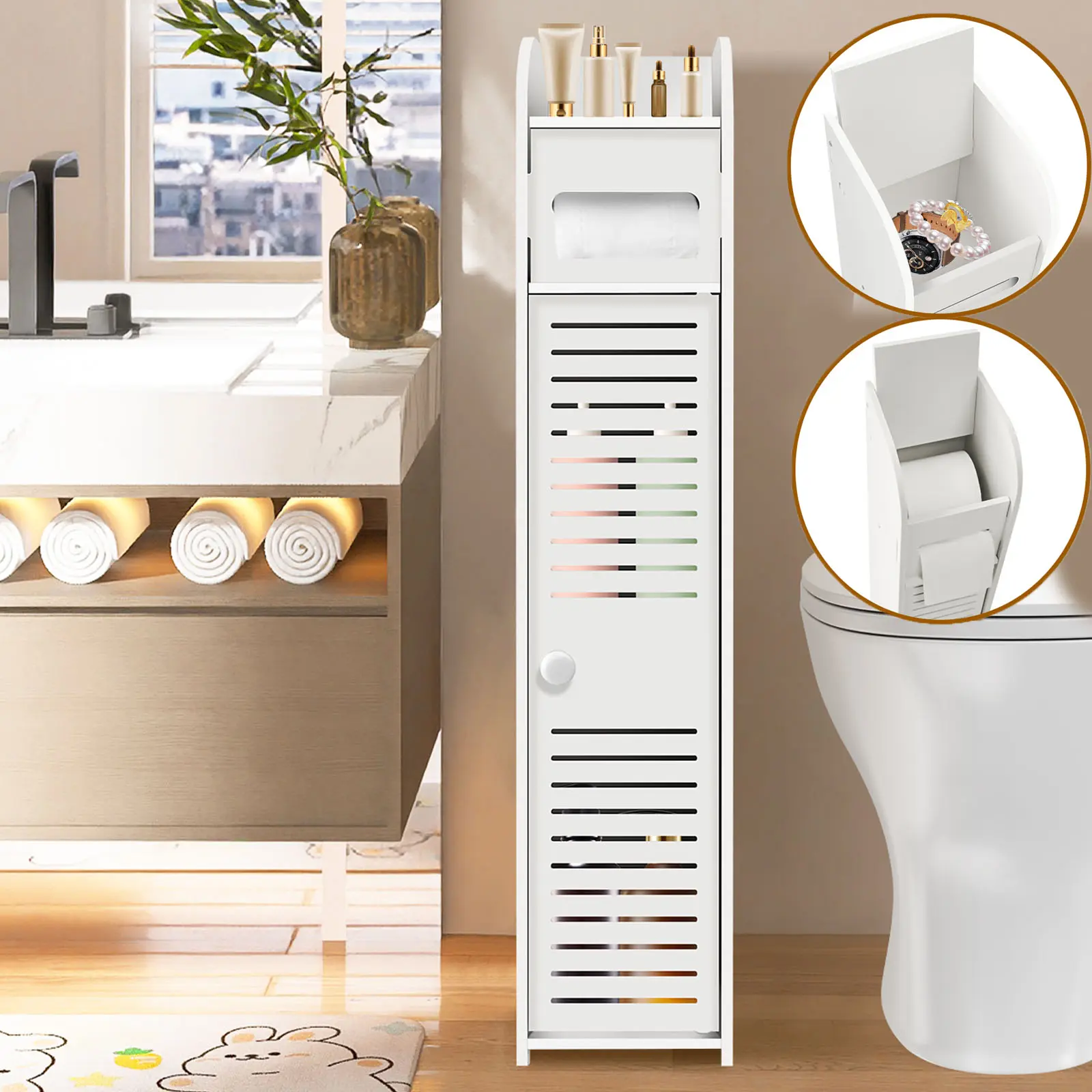 Waterproof Bathroom Cabinets Tall Slim Bathroom Storage Unit Bathroom Cabinets Freestanding, White 1 Drawers Home Toilet Cupboard for Living Room Bedroom W5.9''x D6.7''xH31.4''