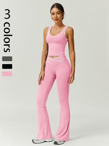 Two-piece Set Women's Contrast Binding Crop Top & Flare Leg Pants Sportswear Set, Sporty Casual Breathable Clothing Set  for Yoga Gym Workout Running, Ladies Summer Sportswear
