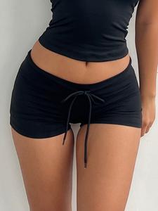 Pure Color Belted Low Waist Shorts Y2K Street Fashion Versatile Casual Spring Summer Basic Shorts for Women Casual Athletic Shorts