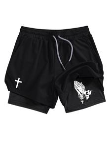 Men's Cross & Letter Print Pocket Gym Shorts, Regular Fit Breathable Quick Drying Shorts for Gym Workout Running, Men's Sportswear for Summer, Streetwear Sports Shorts, Training Cycling Shorts, Sports Yoga Shorts, Soft Stretch Shorts, Athletic Bottoms